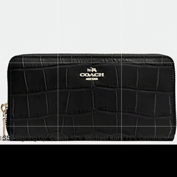 Coach Accordian Zip Wallet Embossed Crocodile Black Leather Gold Tone Hdwr NWT